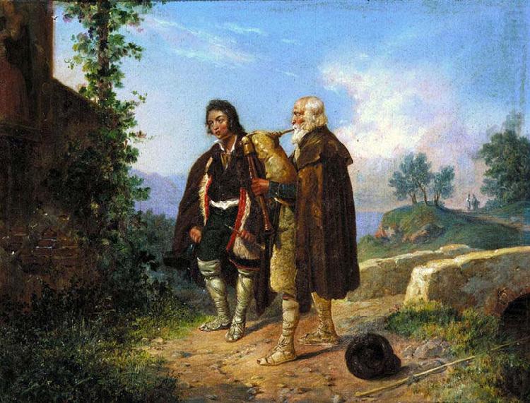 Ludwig Vogel Two peasants, one with the bagpipes by a bridge china oil painting image